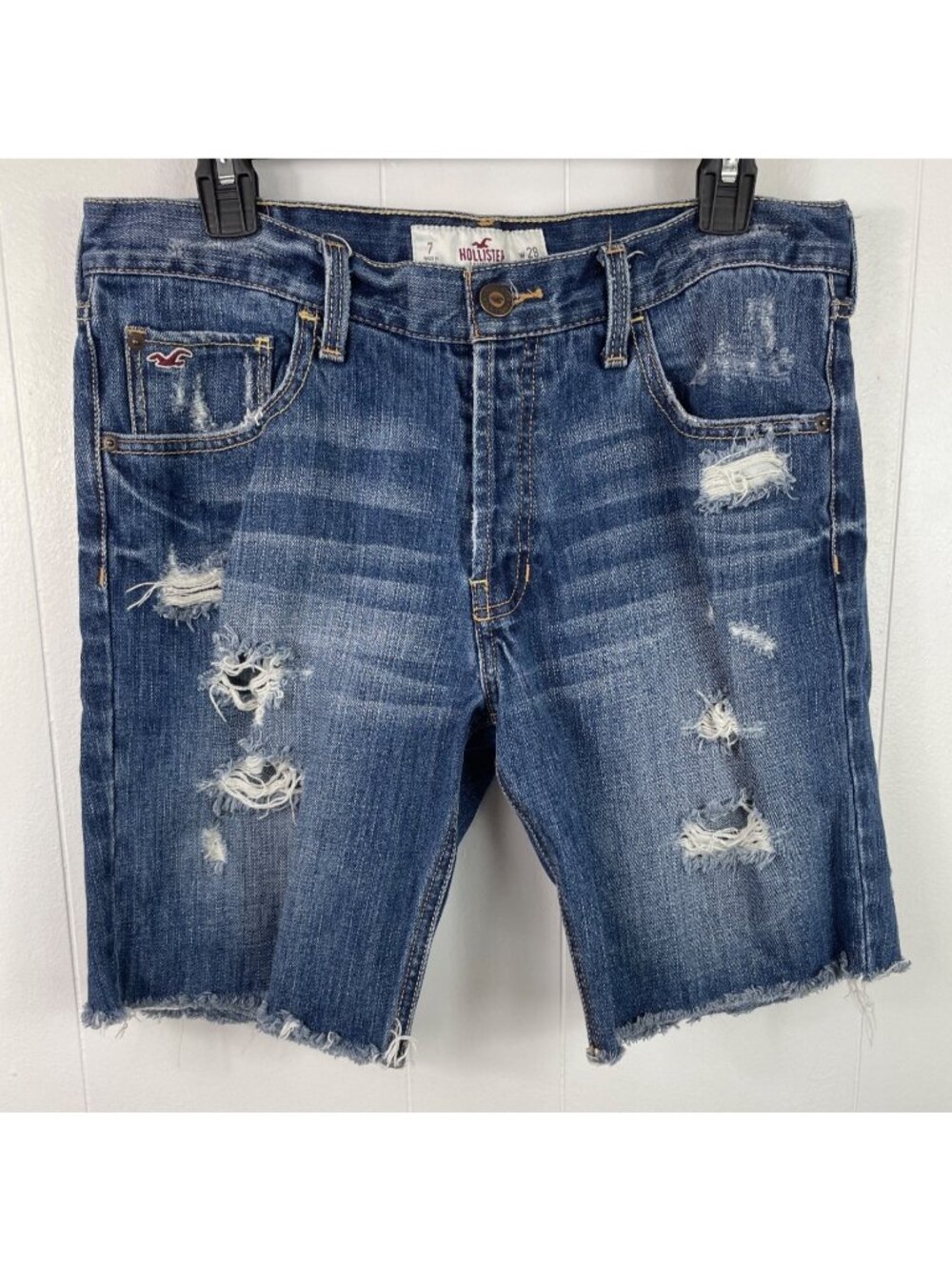 Hollister Distressed Denim Cutoff Jean Shorts Womens Size 7 W28 Blue Frayed Hem